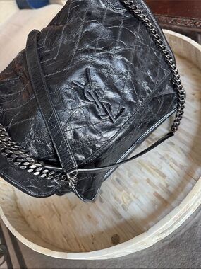 Saint Laurent Black Medium Niki Crinkled Leather Shoulder Bag with Chain Strap